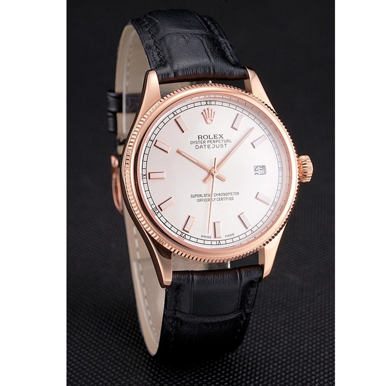Good Copy Rolex Watches Leather White Rose Case Black Swiss Rolex Strap Datejust Gold Dial 0706